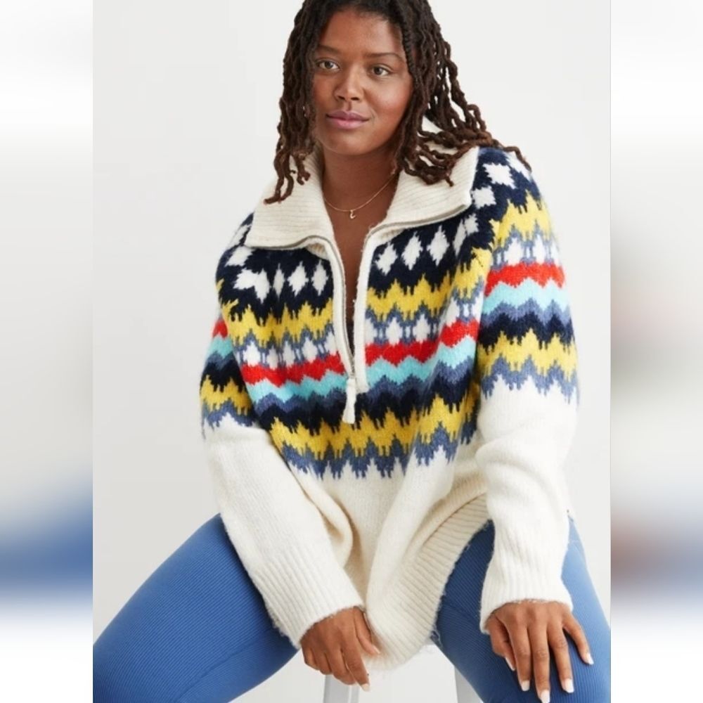Aerie Fair Isle Quarter Zip Wool Blend Chunky Nordic‎ Sweater Size Medium